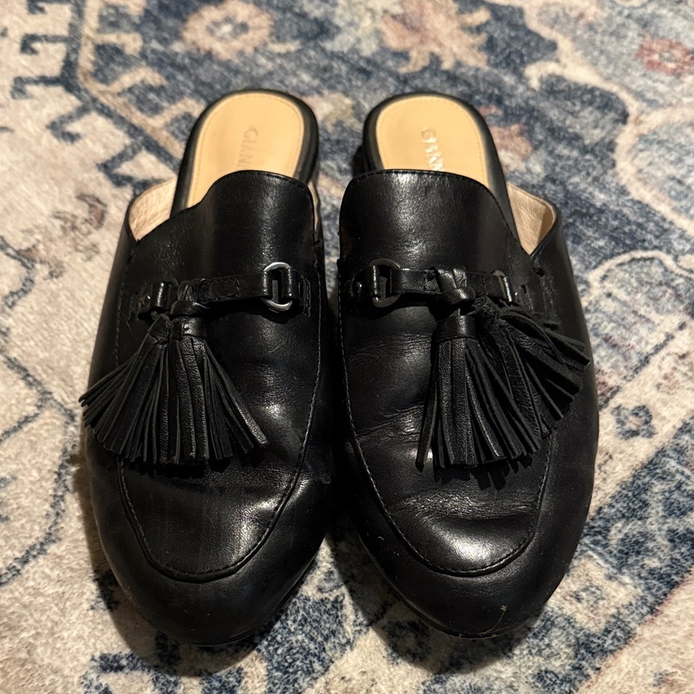 Gianni Bini Black Leather Tassel Mules